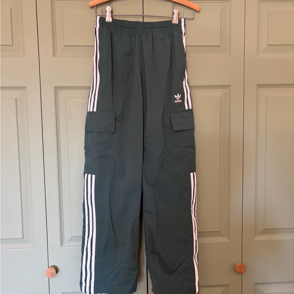 adidas Black Cargo Track Pants with White Stripes